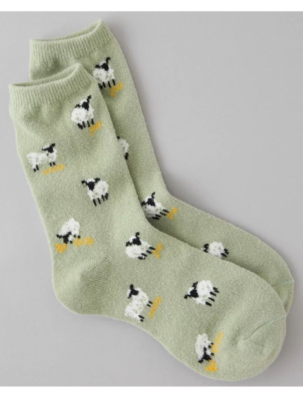 AE OS Olive Green White Black Sheep Print Crew Socks